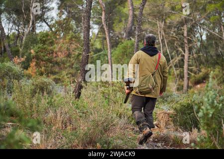 Traquer avec un chasseur dans les collines de la région provençale, à Beaurecueil, dans la région du Cengle et du bois des Roussettes (sud-est de la France) Hunte Banque D'Images