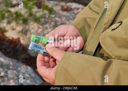 Traquer avec un chasseur dans les collines de la région provençale, à Beaurecueil, dans la région du Cengle et du bois des Roussettes (sud-est de la France) Hunte Banque D'Images