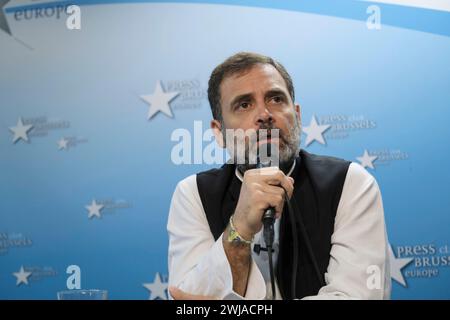 Belgique, Bruxelles : Rahul Gandhi, membre du Parlement indien, assiste à une conférence au Brussels Press Club le 8 septembre 2023. Il est sur un vis d'une semaine Banque D'Images