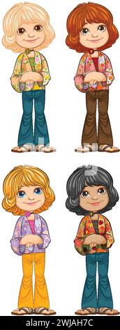 Quatre enfants de dessins animés avec des coiffures et des vêtements divers. Illustration de Vecteur