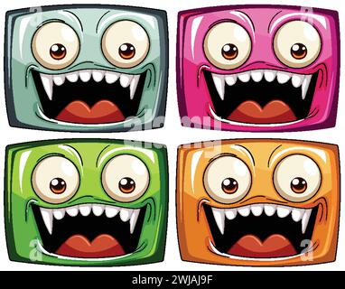 Quatre visages de monstre de dessin animé vibrants avec des expressions Illustration de Vecteur