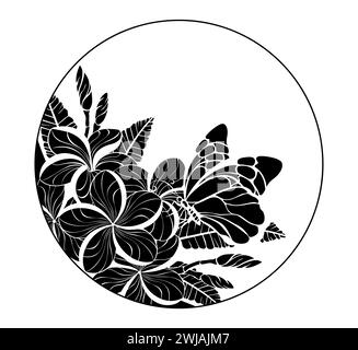 Monogramme rond avec un papillon artistiquement dessiné, silhouette assis sur la floraison, plumeria exotique. Silhouette plumeria. Illustration de Vecteur