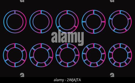 Ensemble de différents cercles de couleur diagrammes circulaires diagrammes. Divers secteurs divisent le cercle en parties égales. Illustration de Vecteur