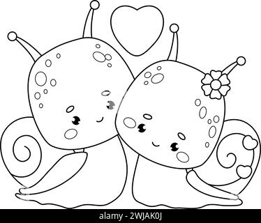 Mignon couple escargots fille et garçon avec coeur. Personnages amusants d'insectes de dessin animé. Dessin au trait, livre de coloriage. Collection enfants. Illustration vectorielle Illustration de Vecteur