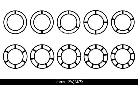 Ensemble de différents cercles de couleur diagrammes circulaires diagrammes. Divers secteurs divisent le cercle en parties égales. Illustration de Vecteur