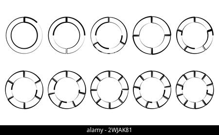 Ensemble de différents cercles de couleur diagrammes circulaires diagrammes. Divers secteurs divisent le cercle en parties égales. Illustration de Vecteur