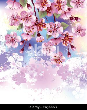 Artistiquement dessiné, branche de rose, fleurs de cerisier sur fond pittoresque et texturé, peint avec de la peinture blanche, rose et bleue. Sakura rose. Illustration de Vecteur