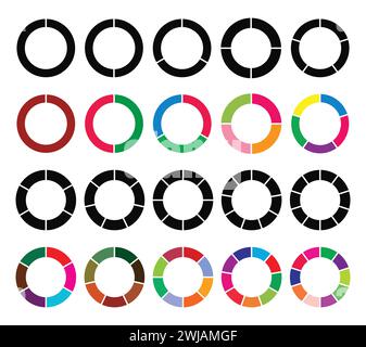 Ensemble de différents cercles de couleur diagrammes circulaires diagrammes. Divers secteurs divisent le cercle en parties égales. Illustration de Vecteur