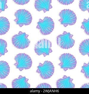 L'image présente un motif vibrant et répétitif de coquillages stylisés avec des nuances de bleu et de violet sur fond blanc propre. Illustration de Vecteur