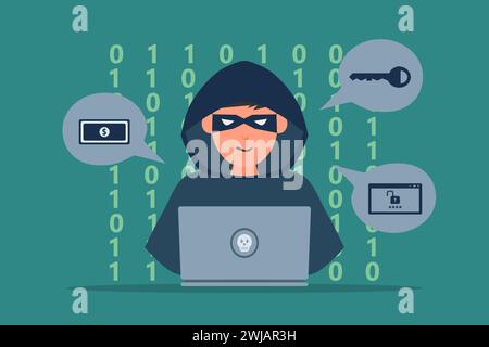 Pirate informatique ou cybercriminel avec ordinateur portable volant des données personnelles de l'utilisateur. Illustration vectorielle de concept de phishing sur Internet. Illustration de Vecteur