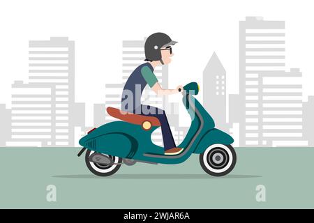 Un homme portant un casque conduisant un scooter à moteur sur la route avec fond de ville. Illustration vectorielle de dessin animé. Illustration de Vecteur