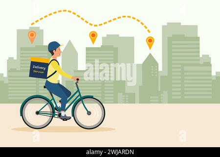 Courrier sur le vélo avec boîte à colis sur le dos livrant de la nourriture en ville. Illustration vectorielle de concept de livraison rapide. Illustration de Vecteur