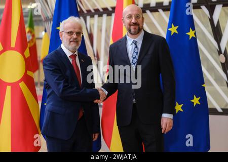 Bruxelles, Belgique. 14 février 2024. Le président du Conseil de l'UE, Charles Michel, rencontre Talat Xhaferi, premier ministre de la Macédoine du Nord, à Bruxelles, en Belgique, le 14 février 2024. Crédit : ALEXANDROS MICHAILIDIS/Alamy Live News Banque D'Images