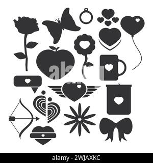 Collection de silhouettes Black Romantic Icon Valentine. Fleurs, papillons, ballons, anneaux, bulles, lunettes, arcs, rubans. Illustration de Vecteur