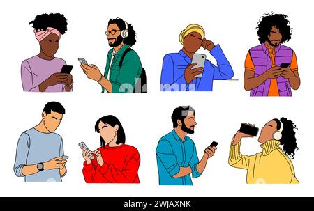 Différentes personnes tenant, en utilisant des téléphones mobiles ensemble. Illustration de Vecteur