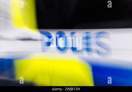 Police suédoise, emblème photographié sur une voiture de police suédoise. Banque D'Images