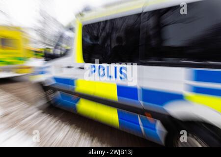 Police suédoise, emblème photographié sur une voiture de police suédoise. Banque D'Images