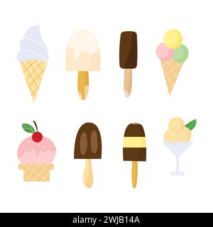 Ensemble d'illustrations de crème glacée de dessin animé avec différentes garnitures. Autocollants pour boutique de bonbons ou café. Illustration de Vecteur