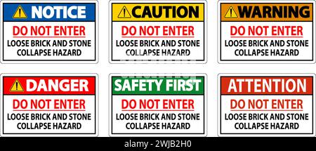 Panneau de danger, ne pas entrer, risque de brique lâche et d'effondrement de pierres Illustration de Vecteur