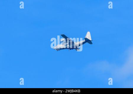 Enns, autriche, 14 février 2024, lockheed C-130, 8t CC, hercules exploité par l'armée de l'air autrichienne avant d'atterrir à l'aéroport de linz Hoersching *** Enns, Österreich, 14. Février 2024, Lockheed C 130, 8t CC, Herkules der österreichischen Luftstreitkräfte vor der Landung auf dem Flughafen Linz-Hörsching Copyright : xx Banque D'Images