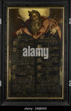 Moïse montrant les tables de la Loi avec les dix Commandements en calligraphie, anonyme, c. 1600 Banque D'Images