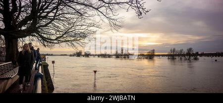 Haut niveau d'eau de la rivière IJssel avec barrière d'écrasement sous l'eau au boulevard de la tour ville Zutphen aux pays-Bas inondé Banque D'Images