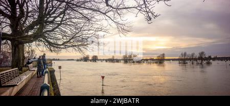 Haut niveau d'eau de la rivière IJssel avec barrière d'écrasement sous l'eau au boulevard de la tour ville Zutphen aux pays-Bas inondé Banque D'Images