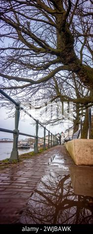 Haut niveau d'eau de la rivière IJssel avec barrière d'écrasement sous l'eau au boulevard de la tour ville Zutphen aux pays-Bas inondé Banque D'Images