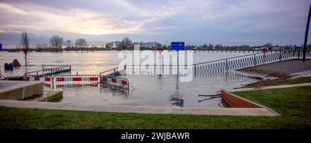 Haut niveau d'eau de la rivière IJssel avec barrière d'écrasement sous l'eau au boulevard de la tour ville Zutphen aux pays-Bas inondé Banque D'Images