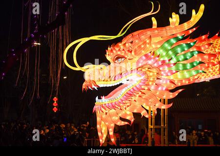 Pékin, Chine. 14 février 2024. Les gens regardent une lanterne géante en forme de dragon à une foire dans le district de Xicheng à Pékin, capitale de la Chine, le 14 février 2024. Les gens à travers la Chine apprécient la fête du printemps en cours de différentes manières. Crédit : Ju Huanzong/Xinhua/Alamy Live News Banque D'Images