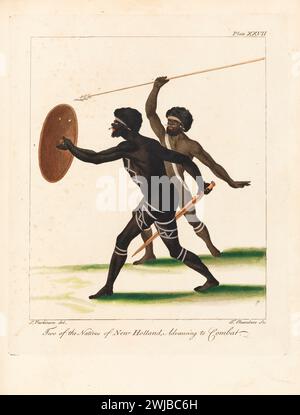 « Deux des natifs de New Holland, avançant au combat ». Gravure tirée de « A journal of a voyage to the South Seas : in His Majesty's ship, The Endeavour », tirée des papiers de Sydney Parkinson, agrémentée de vues et de dessins, délimitée par l'auteur et gravée par des artistes capitaux. 1773 Banque D'Images