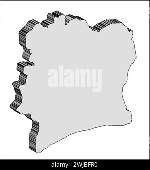 Carte de silhouette contour noir de Côte d'Ivoire ou Côte d'Ivoire 3D sur fond blanc Banque D'Images