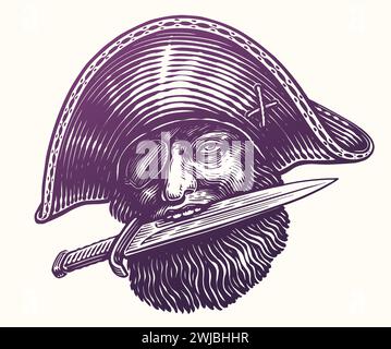 Pirate avec poignard dans les dents. Capitaine de mer de hanche en chapeau avec couteau. Illustration vectorielle vintage dessinée à la main Illustration de Vecteur