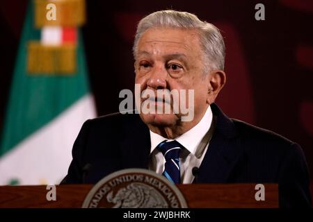 13 février 2024, Mexico, Mexique : le Président de Mexicoâ€™, Andres Manuel Lopez Obrador parle lors de sa conférence de presse au Palais National. Le 13 février 2024 à Mexico, Mexique (crédit image : © Luis Barron/eyepix via ZUMA Press Wire) USAGE ÉDITORIAL SEULEMENT! Non destiné à UN USAGE commercial ! Banque D'Images