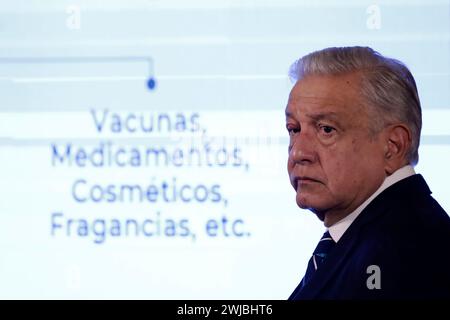 13 février 2024, Mexico, Mexique : le Président de Mexicoâ€™, Andres Manuel Lopez Obrador parle lors de sa conférence de presse au Palais National. Le 13 février 2024 à Mexico, Mexique (crédit image : © Luis Barron/eyepix via ZUMA Press Wire) USAGE ÉDITORIAL SEULEMENT! Non destiné à UN USAGE commercial ! Banque D'Images