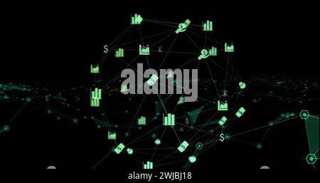 Image numérique du globe des icônes de finance tournant contre le réseau de connexions sur fond noir Banque D'Images