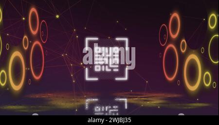 Image numérique du scanner de code qr contre le réseau de connexions sur fond violet Banque D'Images