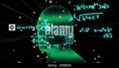 Image de formules mathématiques et de traitement de données scientifiques au-dessus de la tête humaine Banque D'Images