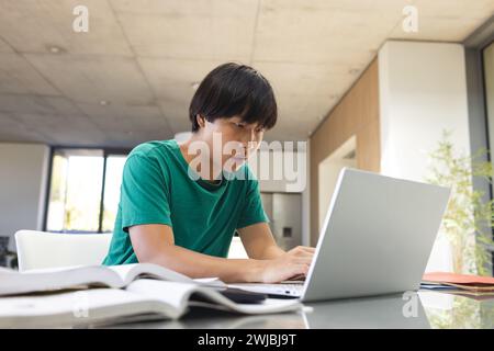 Adolescent asiatique étudiant intensément à un ordinateur portable dans un cadre domestique Banque D'Images