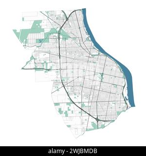 Rosario map, Rosario, ville en Argentine. Carte de la région administrative municipale avec rivières et routes, parcs et chemins de fer. Illustration vectorielle. Illustration de Vecteur