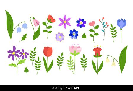 Ensemble de fleurs de printemps, branches florales et feuilles vertes. Eléments botaniques multicolores à fleurs pour les dessins. Illustration vectorielle plate isolée sur wh Illustration de Vecteur