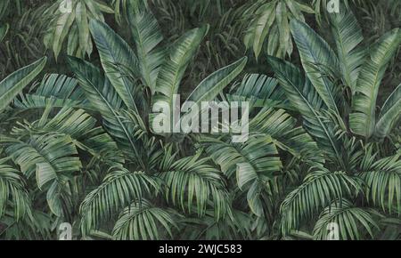 Fond tropical avec de grandes feuilles. Papier peint moderne, papier peint pour l'intérieur. Murale de fond texturé vintage. Banque D'Images