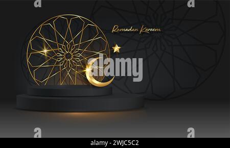 Ramadan Luxury podium islamique avec croissant de lune en or, cadre rond islamique traditionnel. Bannière arabe horizontale 3D pour la vitrine du produit Illustration de Vecteur