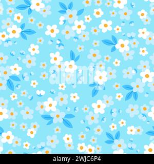 Dessin à la main. Modèle sans couture de minuscules fleurs blanches et bleues délicates sur fond bleu pâle Illustration de Vecteur