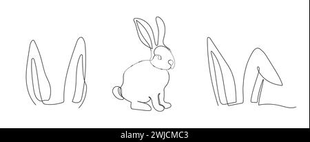 Ensemble d'oreilles de lapin et de lapin. Dessin continu sur une ligne. Ligne simple Isolé sur fond blanc. Style minimaliste. Éléments de conception pour l'impression, Illustration de Vecteur