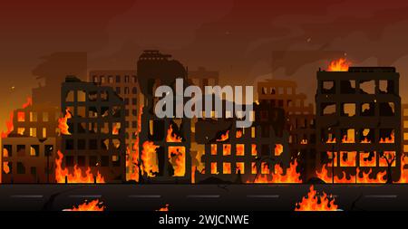 Ville incendiée, bâtiments endommagés et maisons détruites. La guerre et la terreur attaquent le paysage de l'apocalypse en feu. vecteur de dessin animé abandonné l'infrastructure urbaine brisée avec de la fumée et des flammes, destruction de bombes Illustration de Vecteur