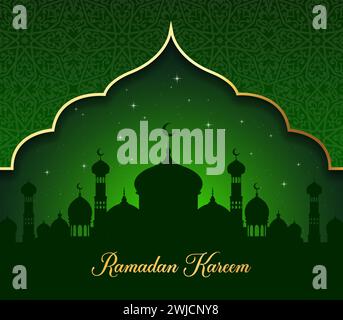 Bannière de vacances Ramadan Kareem avec mosquée musulmane et croissant de lune, fond vectoriel. Islam salut religieux avec silhouette de mosquée, croissant de lune et étoiles dans le ciel nocturne avec motif arabesque Illustration de Vecteur