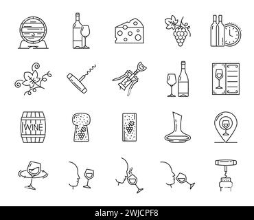 Icônes de contour de vin des bouteilles de ligne vectorielle, des verres et des tonneaux, vigne, raisins, fromage, bouchons et tire-bouchon. Service de boissons alcoolisées avec cave, bar et restaurant, sommelier et verres à vin Illustration de Vecteur