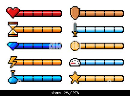 Barres d'expérience de jeu d'arcade 8 bits pixel et niveaux d'énergie, éléments d'interface d'interface vectorielle. Jeu vidéo d'arcade vie, puissance et charge de santé, jauge, mètres et barres de progression avec des pièces score en pixel de 8 bits Illustration de Vecteur