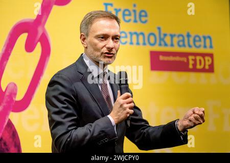 Potsdam, Allemagne. 14 février 2024. Christian Lindner (FDP), ministre fédéral des Finances, intervient lors du mercredi des cendres politique du FDP Brandebourg. Crédit : Fabian Sommer/dpa/Alamy Live News Banque D'Images